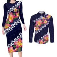 Blue Polynesia Couples Matching Long Sleeve Bodycon Dress and Long Sleeve Button Shirt Plumeria With Hibiscus Pattern Tropical Vibes LT14 Blue - Polynesian Pride