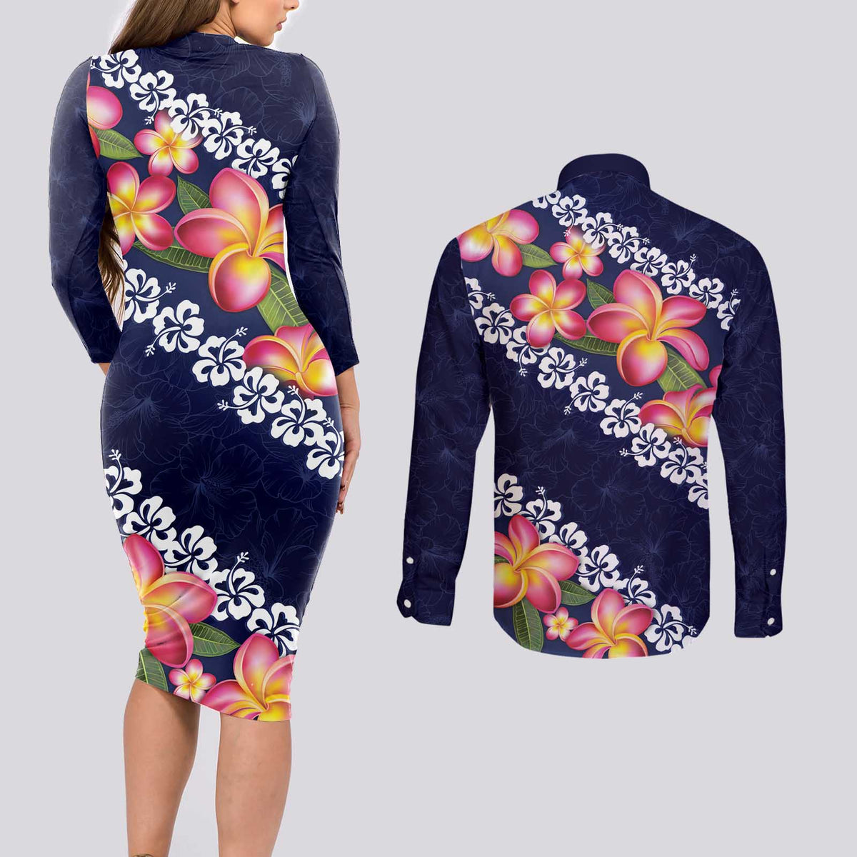 Blue Polynesia Couples Matching Long Sleeve Bodycon Dress and Long Sleeve Button Shirt Plumeria With Hibiscus Pattern Tropical Vibes LT14 - Polynesian Pride