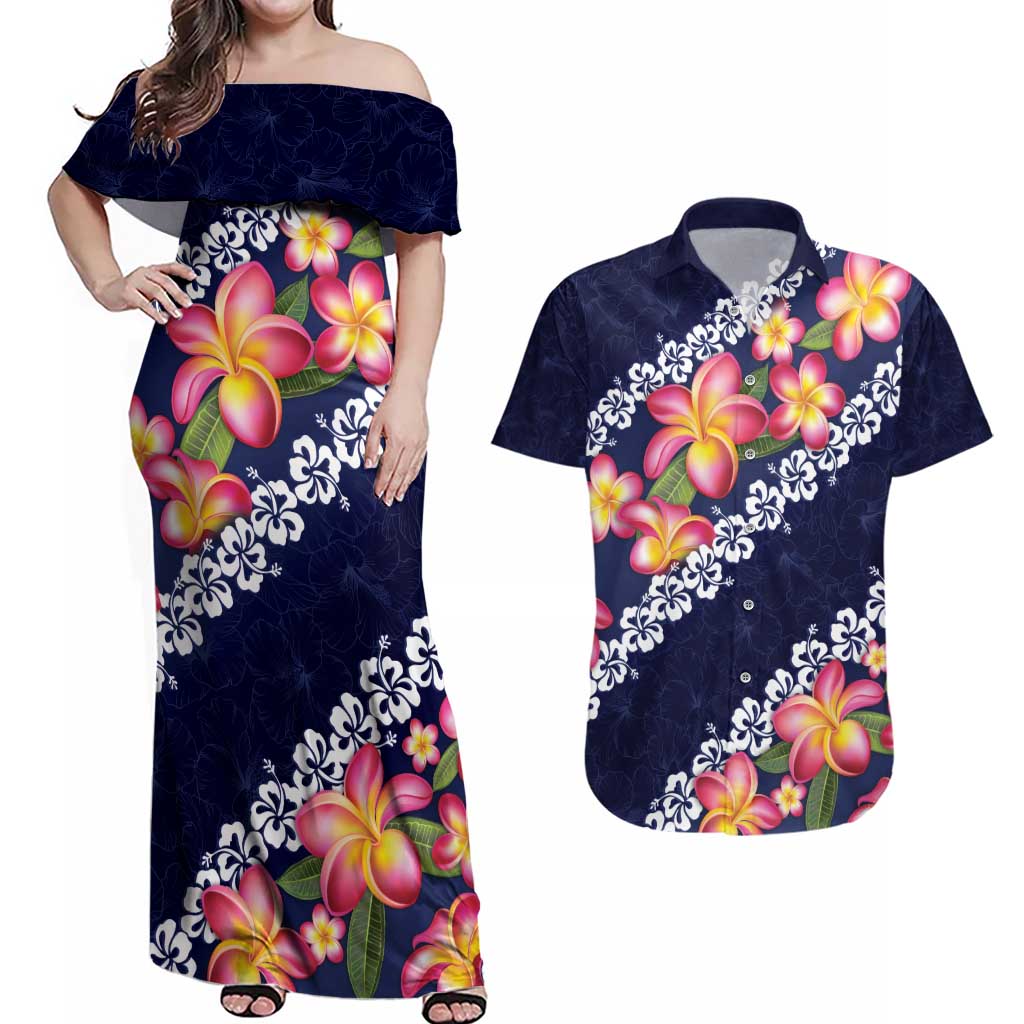 Blue Polynesia Couples Matching Off Shoulder Maxi Dress and Hawaiian Shirt Plumeria With Hibiscus Pattern Tropical Vibes