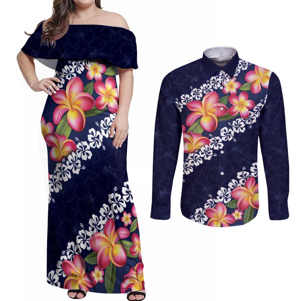 Blue Polynesia Couples Matching Off Shoulder Maxi Dress and Long Sleeve Button Shirt Plumeria With Hibiscus Pattern Tropical Vibes LT14 Blue - Polynesian Pride