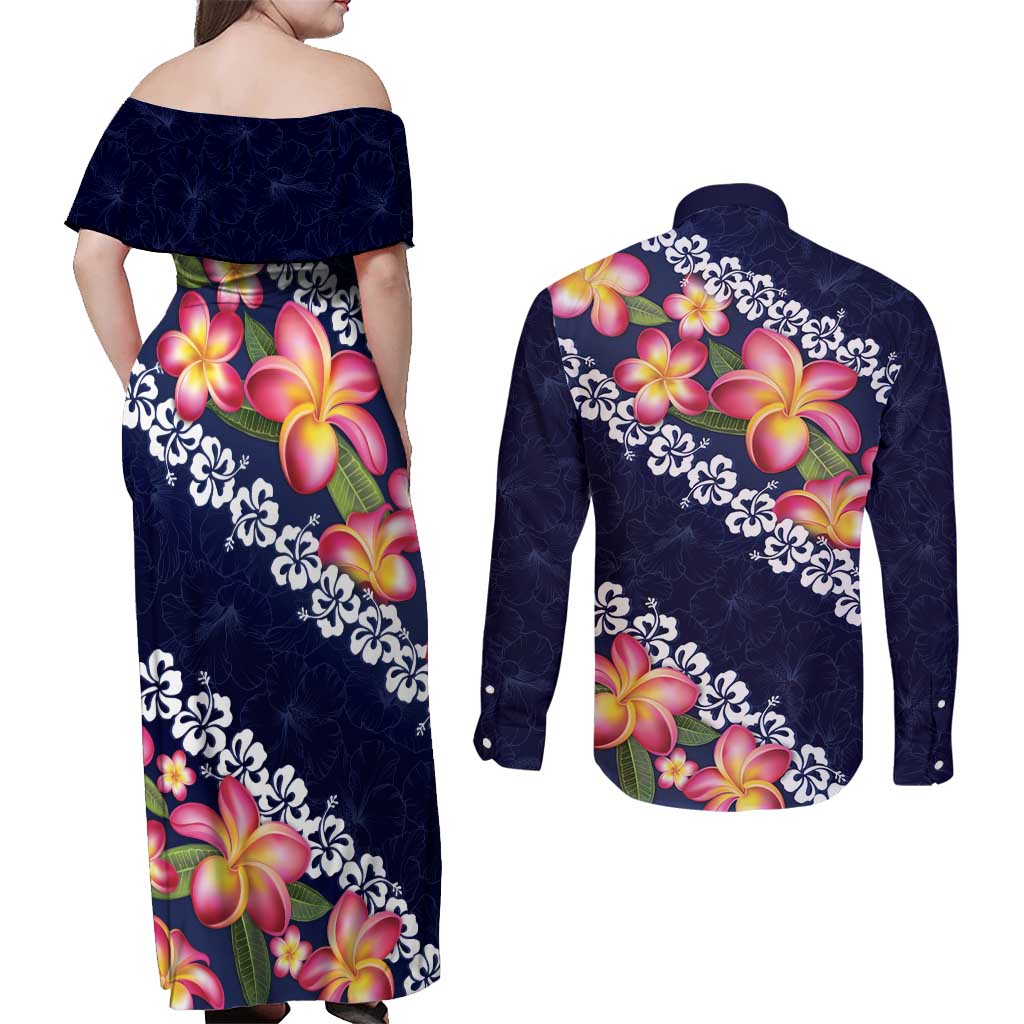 Blue Polynesia Couples Matching Off Shoulder Maxi Dress and Long Sleeve Button Shirt Plumeria With Hibiscus Pattern Tropical Vibes LT14 - Polynesian Pride