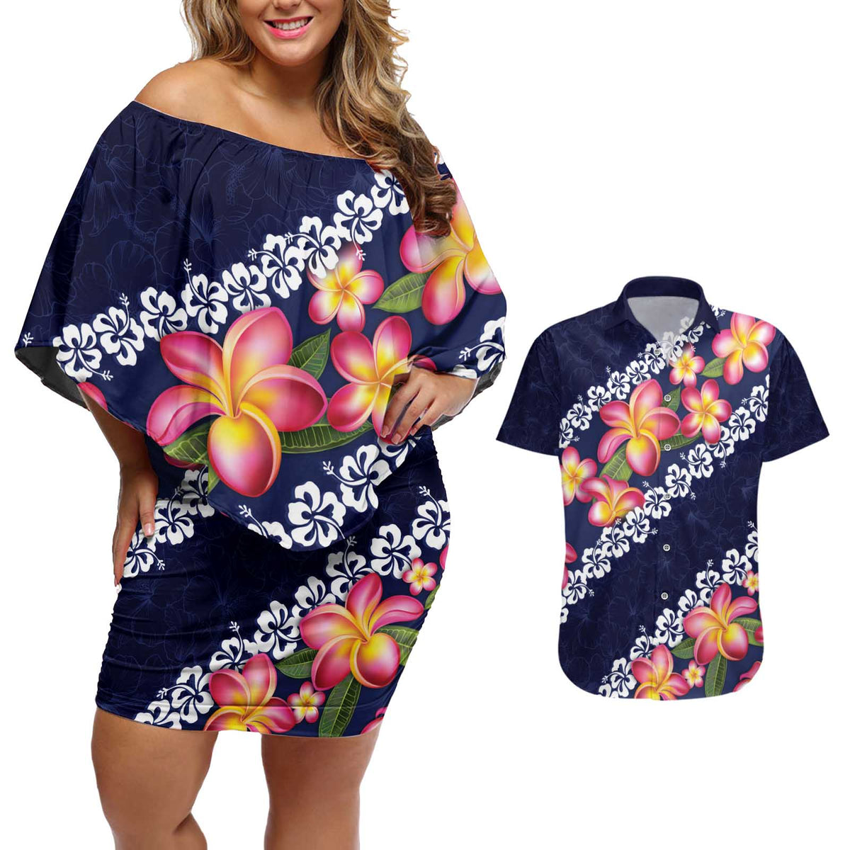 Blue Polynesia Couples Matching Off Shoulder Short Dress and Hawaiian Shirt Plumeria With Hibiscus Pattern Tropical Vibes LT14 Blue - Polynesian Pride