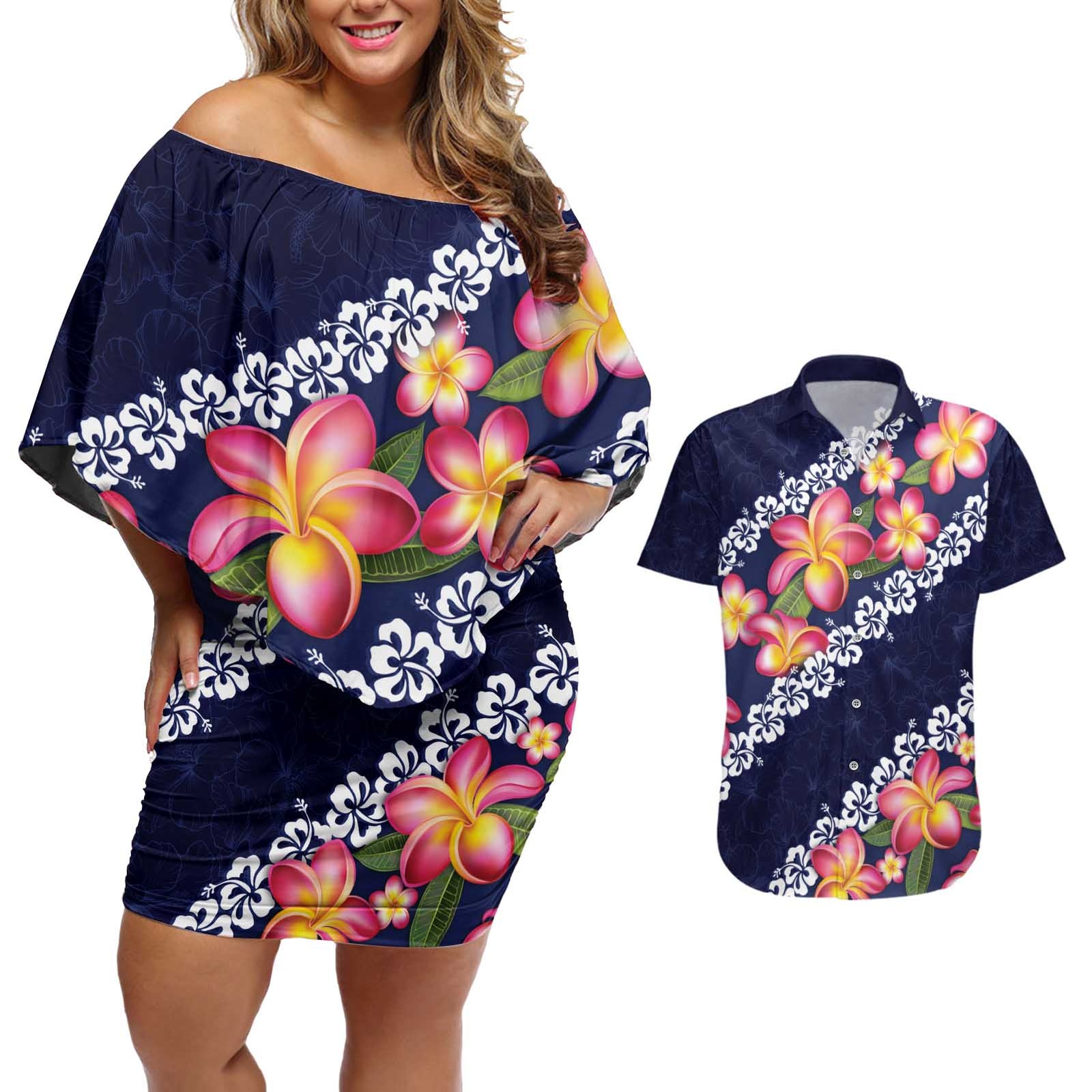 Blue Polynesia Couples Matching Off Shoulder Short Dress and Hawaiian Shirt Plumeria With Hibiscus Pattern Tropical Vibes LT14 Blue - Polynesian Pride