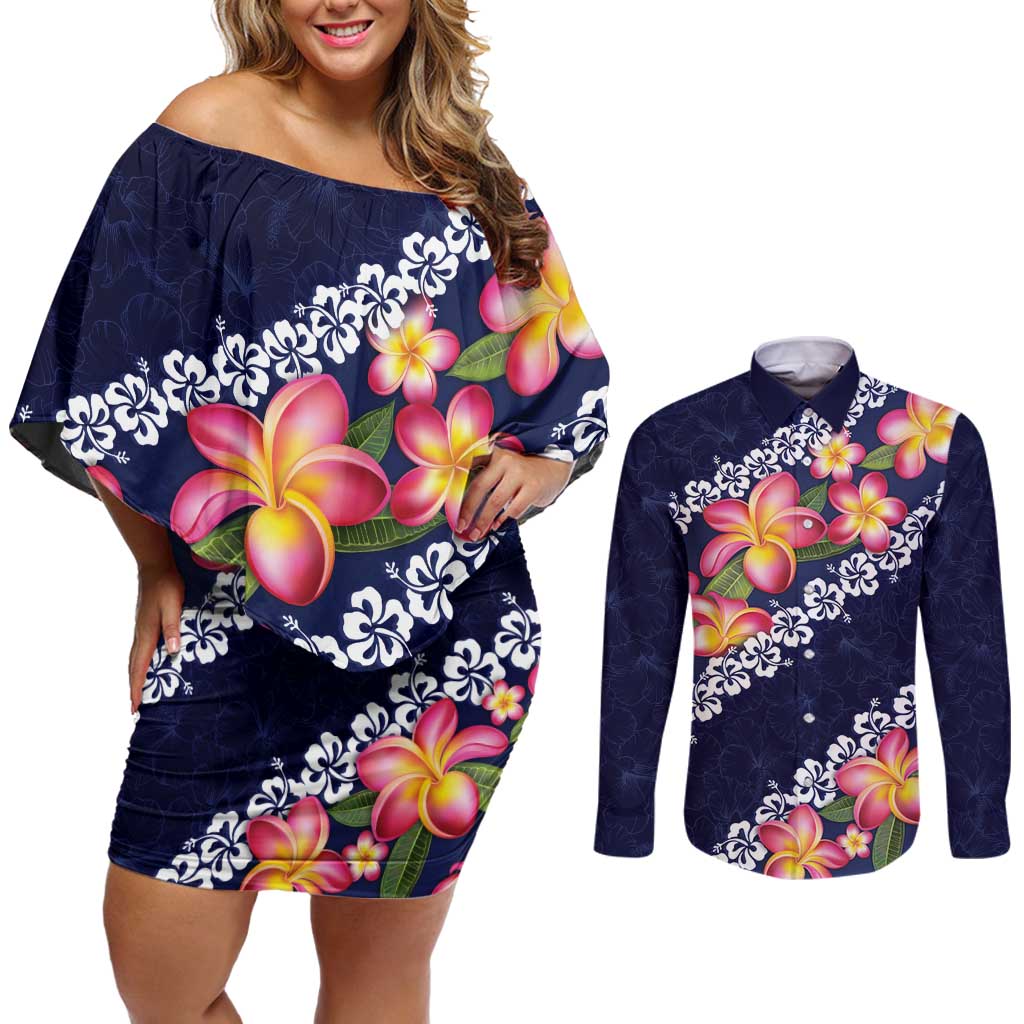 Blue Polynesia Couples Matching Off Shoulder Short Dress and Long Sleeve Button Shirt Plumeria With Hibiscus Pattern Tropical Vibes LT14 Blue - Polynesian Pride