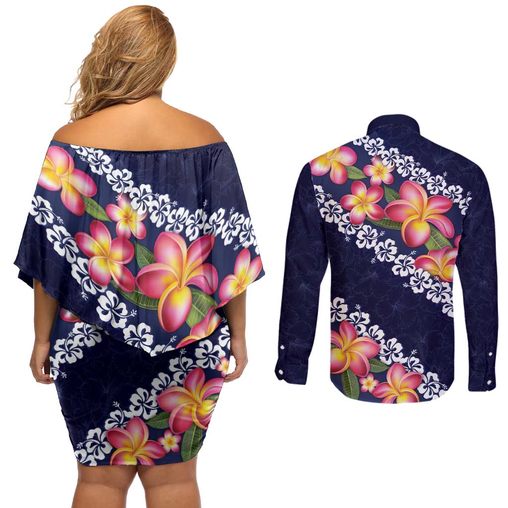 Blue Polynesia Couples Matching Off Shoulder Short Dress and Long Sleeve Button Shirt Plumeria With Hibiscus Pattern Tropical Vibes LT14 - Polynesian Pride