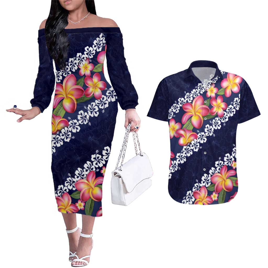 Blue Polynesia Couples Matching Off The Shoulder Long Sleeve Dress and Hawaiian Shirt Plumeria With Hibiscus Pattern Tropical Vibes