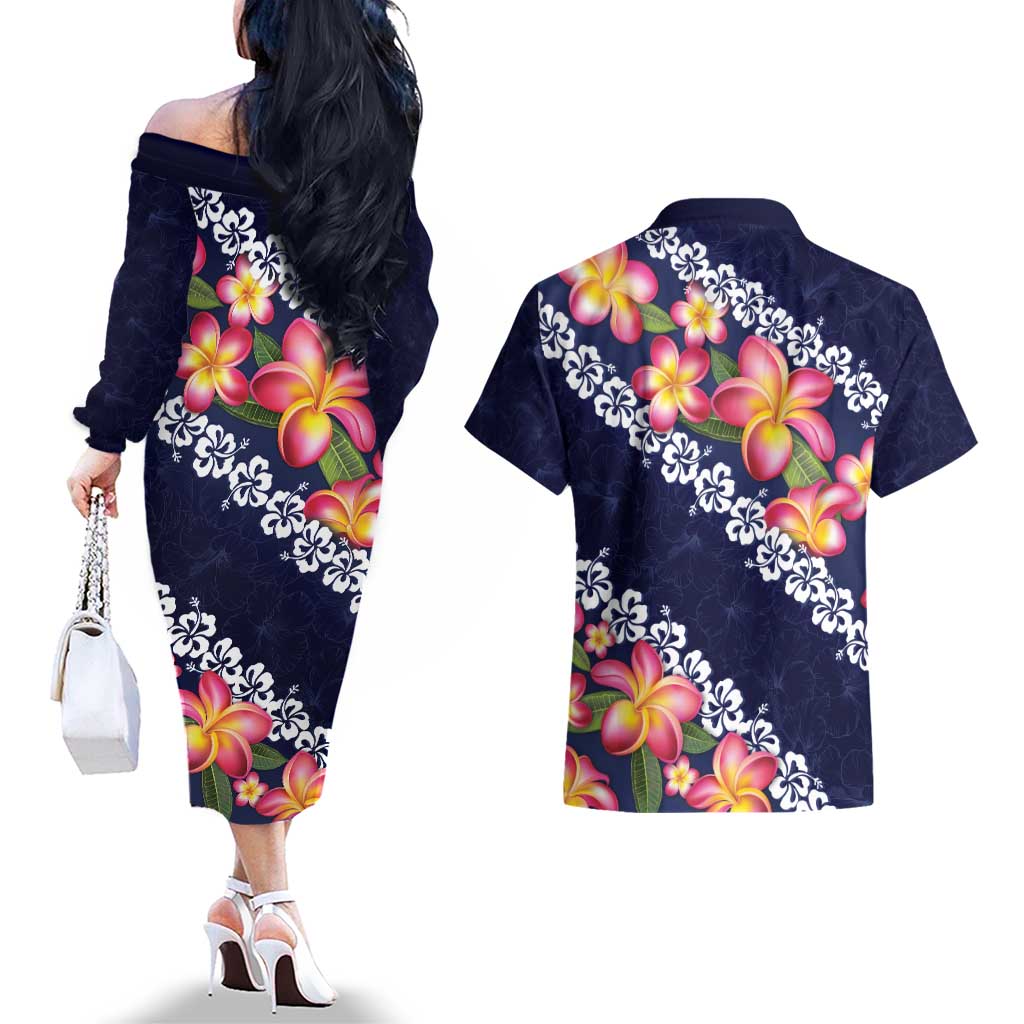 Blue Polynesia Couples Matching Off The Shoulder Long Sleeve Dress and Hawaiian Shirt Plumeria With Hibiscus Pattern Tropical Vibes LT14 - Polynesian Pride