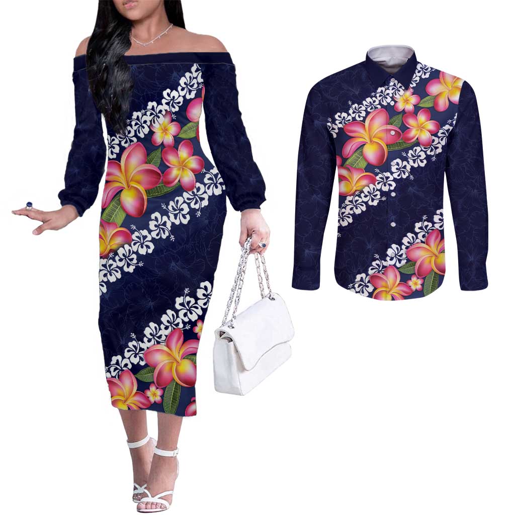 Blue Polynesia Couples Matching Off The Shoulder Long Sleeve Dress and Long Sleeve Button Shirt Plumeria With Hibiscus Pattern Tropical Vibes LT14 Blue - Polynesian Pride