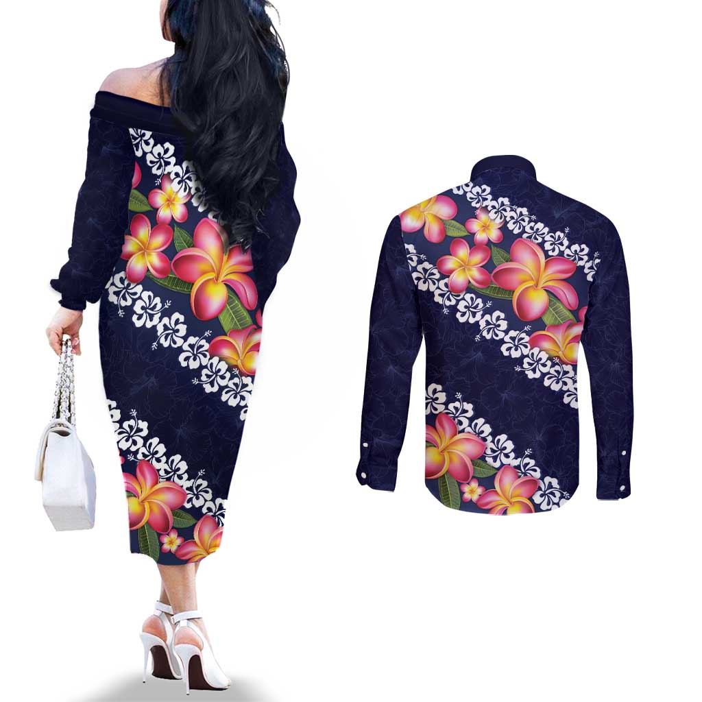 Blue Polynesia Couples Matching Off The Shoulder Long Sleeve Dress and Long Sleeve Button Shirt Plumeria With Hibiscus Pattern Tropical Vibes LT14 - Polynesian Pride