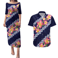 Blue Polynesia Couples Matching Puletasi and Hawaiian Shirt Plumeria With Hibiscus Pattern Tropical Vibes LT14 Blue - Polynesian Pride