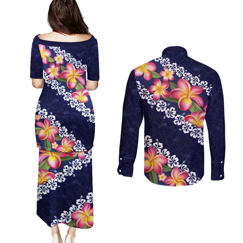 Blue Polynesia Couples Matching Puletasi and Long Sleeve Button Shirt Plumeria With Hibiscus Pattern Tropical Vibes LT14 - Polynesian Pride