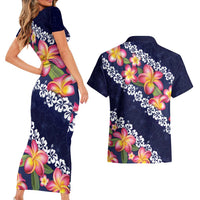 Blue Polynesia Couples Matching Short Sleeve Bodycon Dress and Hawaiian Shirt Plumeria With Hibiscus Pattern Tropical Vibes LT14 - Polynesian Pride