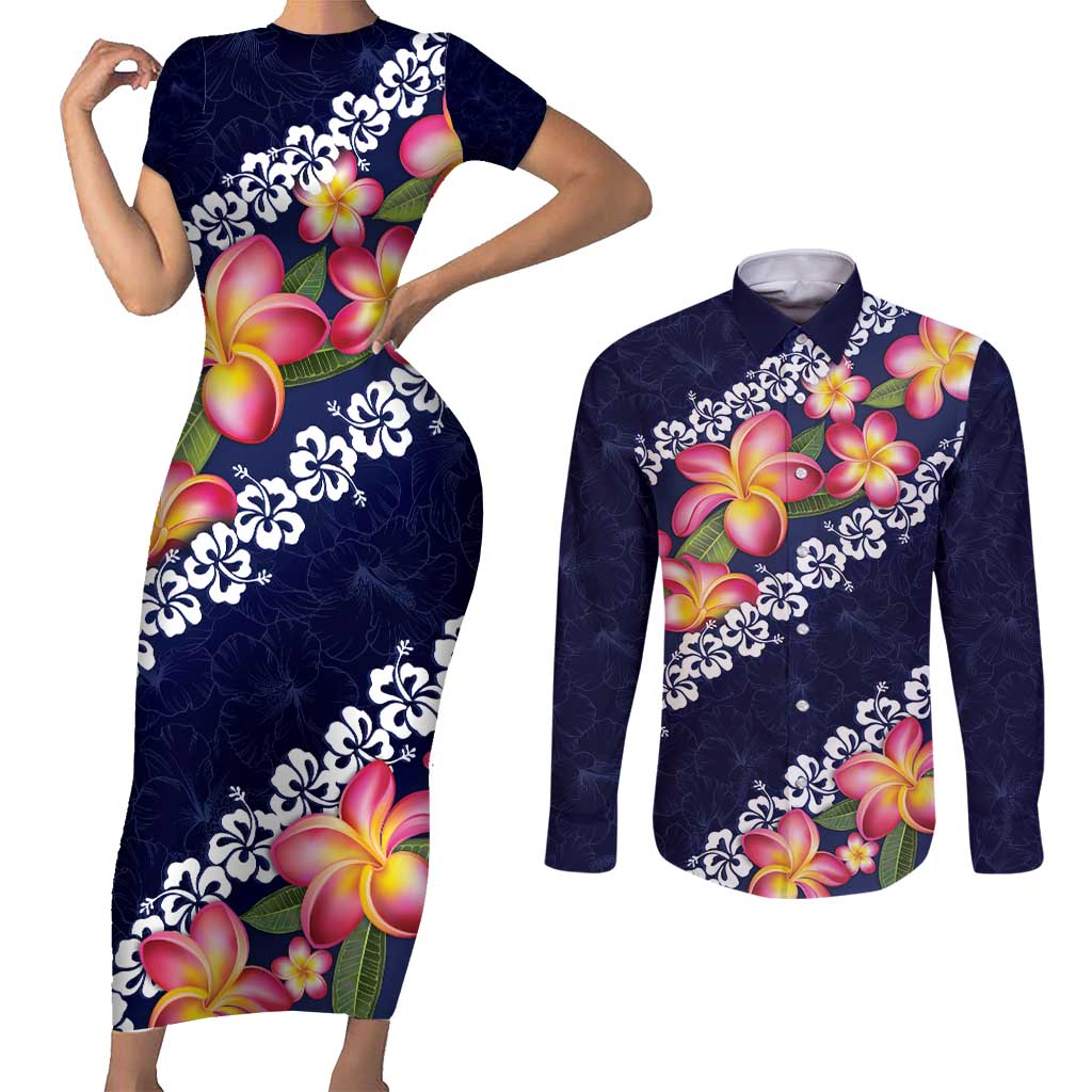 Blue Polynesia Couples Matching Short Sleeve Bodycon Dress and Long Sleeve Button Shirt Plumeria With Hibiscus Pattern Tropical Vibes LT14 Blue - Polynesian Pride