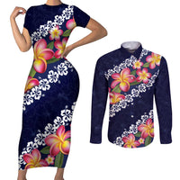 Blue Polynesia Couples Matching Short Sleeve Bodycon Dress and Long Sleeve Button Shirt Plumeria With Hibiscus Pattern Tropical Vibes LT14 Blue - Polynesian Pride
