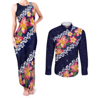 Blue Polynesia Couples Matching Tank Maxi Dress and Long Sleeve Button Shirt Plumeria With Hibiscus Pattern Tropical Vibes LT14 Blue - Polynesian Pride