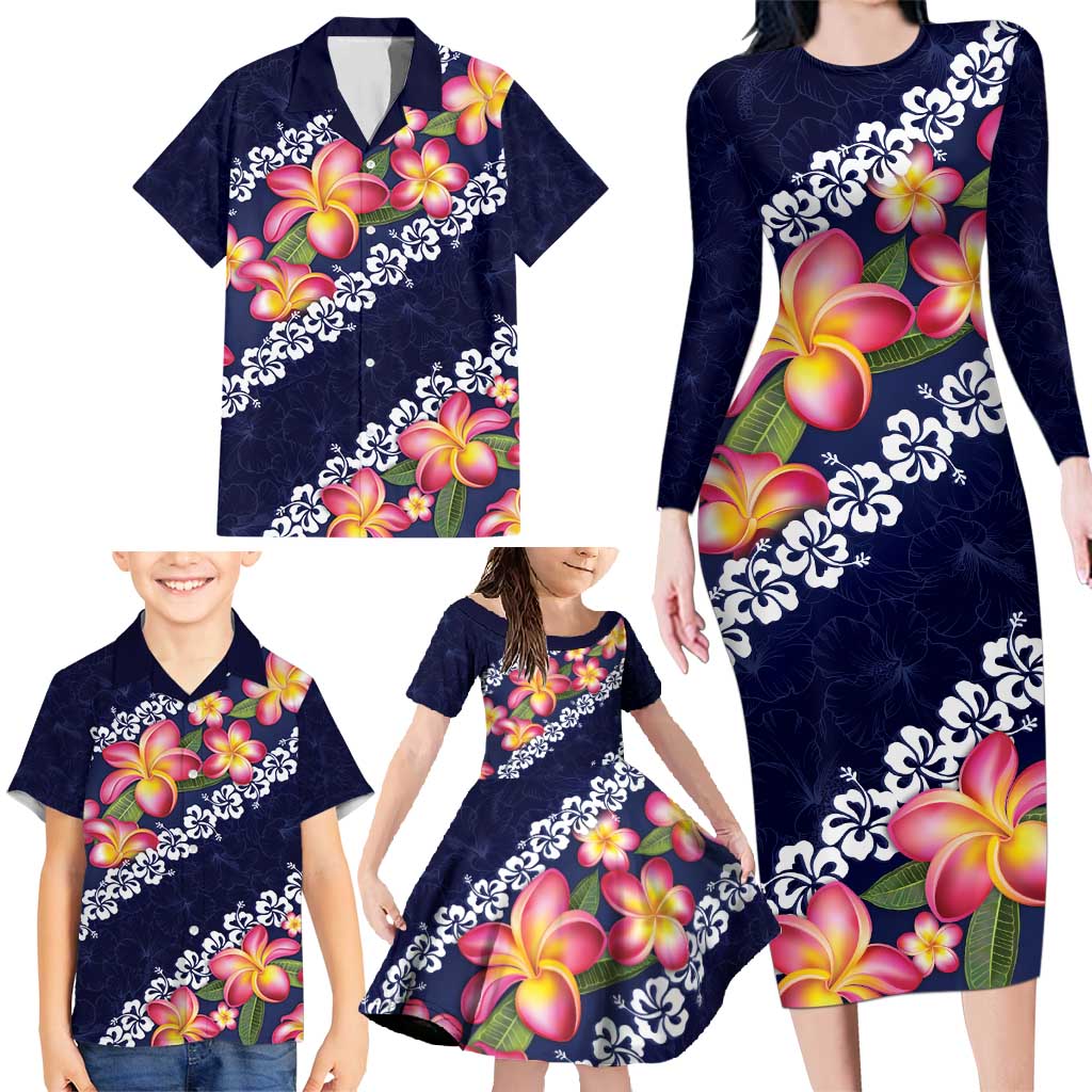 Blue Polynesia Family Matching Long Sleeve Bodycon Dress and Hawaiian Shirt Plumeria With Hibiscus Pattern Tropical Vibes