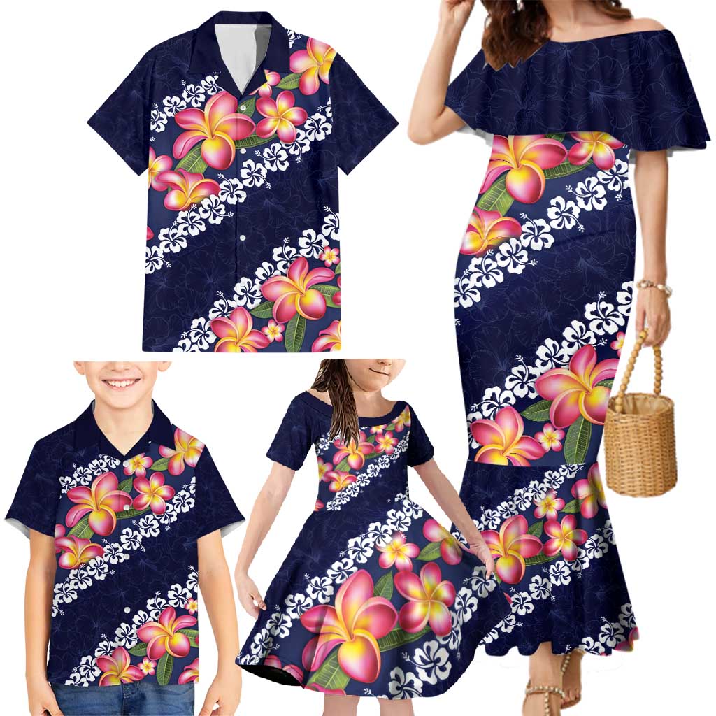 Blue Polynesia Family Matching Mermaid Dress and Hawaiian Shirt Plumeria With Hibiscus Pattern Tropical Vibes