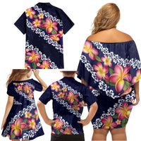Blue Polynesia Family Matching Off Shoulder Short Dress and Hawaiian Shirt Plumeria With Hibiscus Pattern Tropical Vibes LT14 - Polynesian Pride