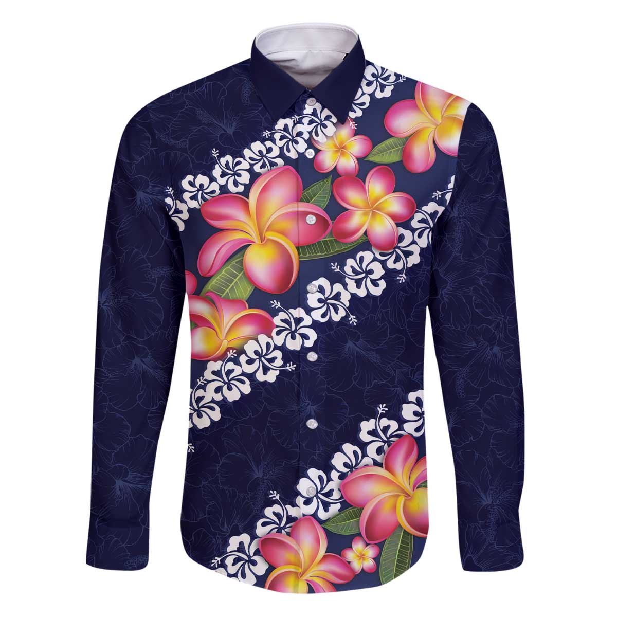Blue Polynesia Family Matching Puletasi and Hawaiian Shirt Plumeria With Hibiscus Pattern Tropical Vibes LT14 Dad's Shirt - Long Sleeve Blue - Polynesian Pride