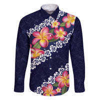 Blue Polynesia Family Matching Puletasi and Hawaiian Shirt Plumeria With Hibiscus Pattern Tropical Vibes LT14 Dad's Shirt - Long Sleeve Blue - Polynesian Pride