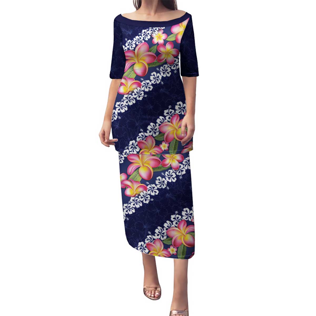 Blue Polynesia Family Matching Puletasi and Hawaiian Shirt Plumeria With Hibiscus Pattern Tropical Vibes LT14 Mom's Dress Blue - Polynesian Pride