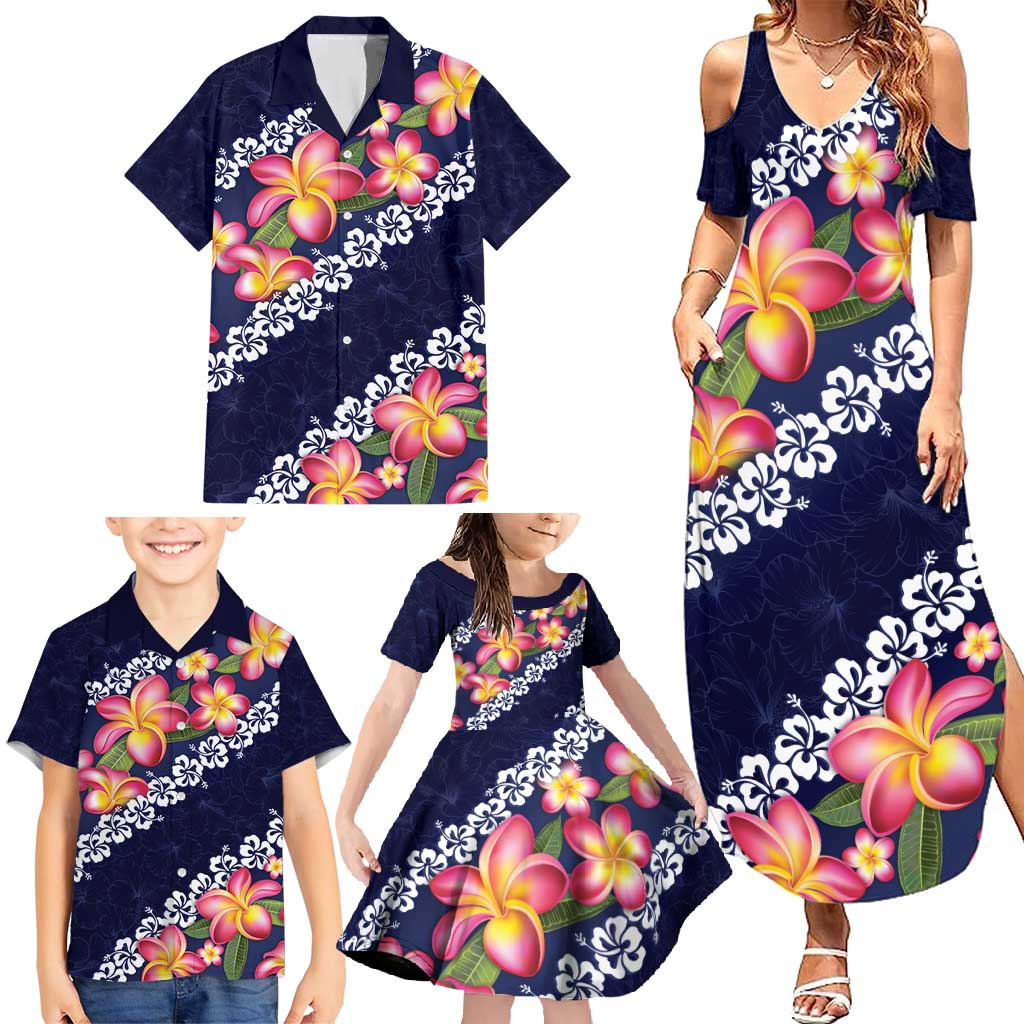 Blue Polynesia Family Matching Summer Maxi Dress and Hawaiian Shirt Plumeria With Hibiscus Pattern Tropical Vibes