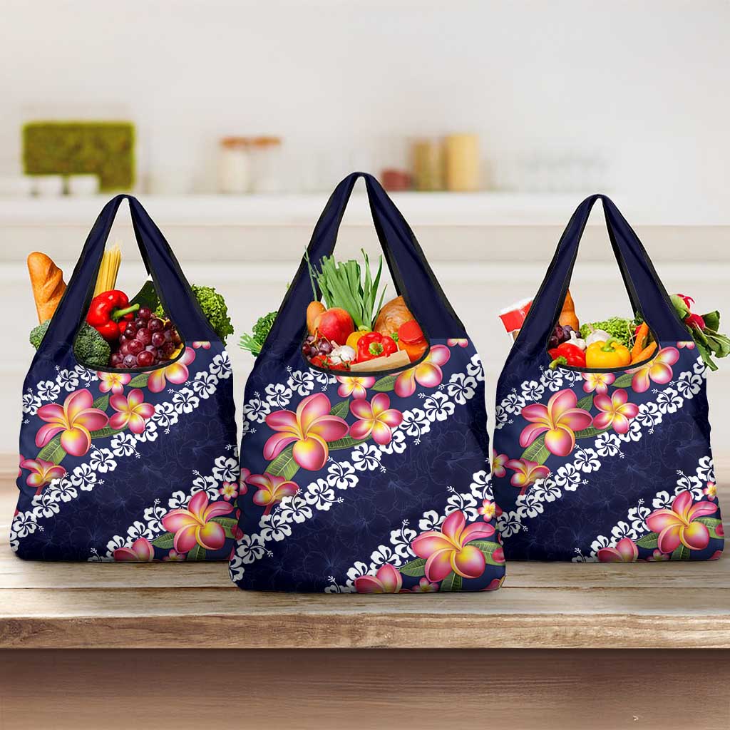 Blue Polynesia Grocery Bag Plumeria With Hibiscus Pattern Tropical Vibes LT14 3-pack One Size Blue - Polynesian Pride