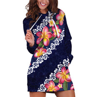 Blue Polynesia Hoodie Dress Plumeria With Hibiscus Pattern Tropical Vibes LT14 Blue - Polynesian Pride