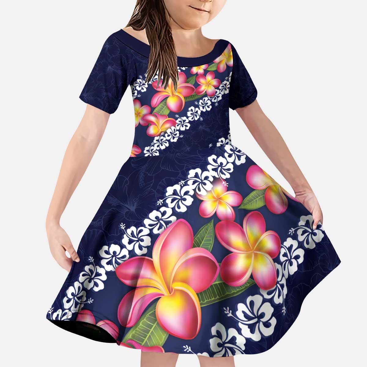 Blue Polynesia Kid Short Sleeve Dress Plumeria With Hibiscus Pattern Tropical Vibes