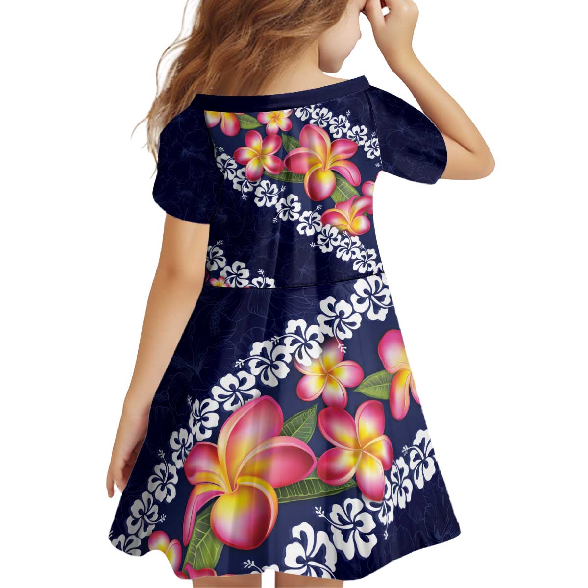 Blue Polynesia Kid Short Sleeve Dress Plumeria With Hibiscus Pattern Tropical Vibes