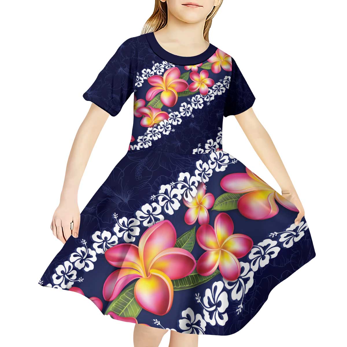 Blue Polynesia Kid Short Sleeve Dress Plumeria With Hibiscus Pattern Tropical Vibes