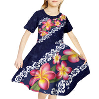 Blue Polynesia Kid Short Sleeve Dress Plumeria With Hibiscus Pattern Tropical Vibes