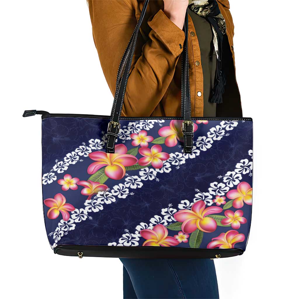 Blue Polynesia Leather Tote Bag Plumeria With Hibiscus Pattern Tropical Vibes LT14 - Polynesian Pride