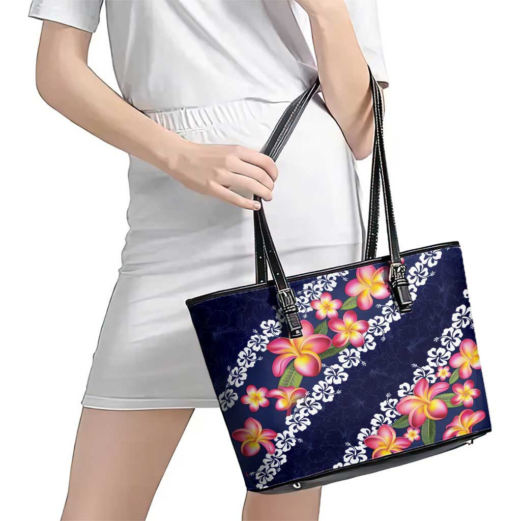 Blue Polynesia Leather Tote Bag Plumeria With Hibiscus Pattern Tropical Vibes LT14 - Polynesian Pride