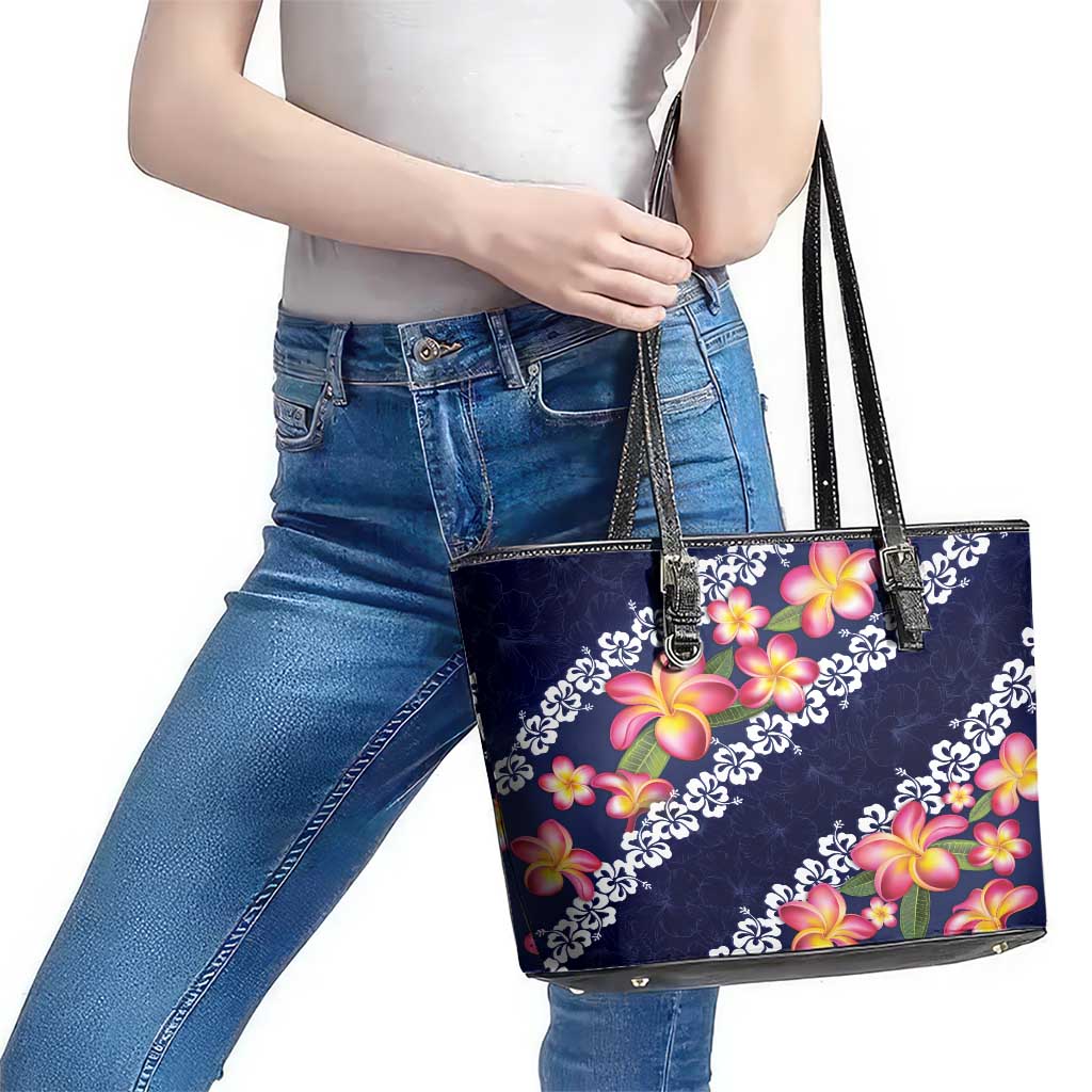 Blue Polynesia Leather Tote Bag Plumeria With Hibiscus Pattern Tropical Vibes LT14 - Polynesian Pride