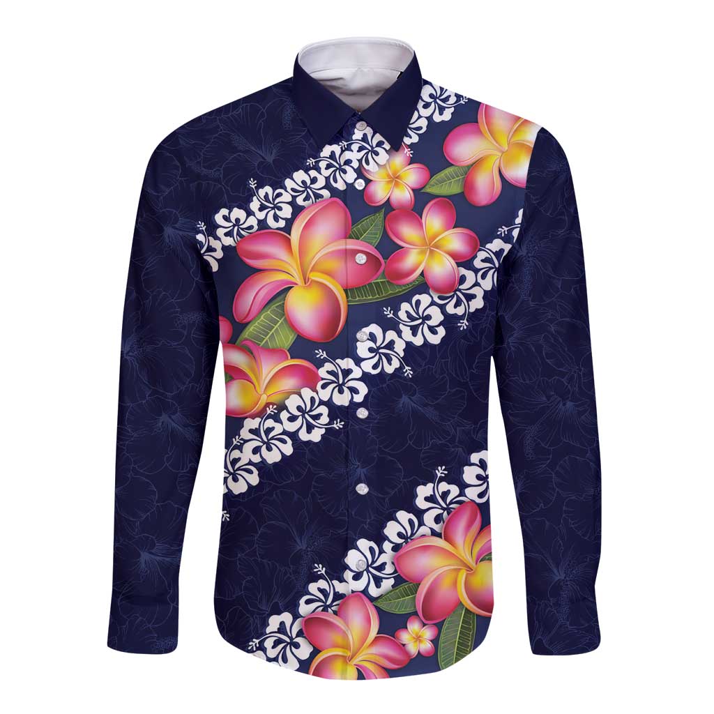 Blue Polynesia Long Sleeve Button Shirt Plumeria With Hibiscus Pattern Tropical Vibes LT14 Unisex Blue - Polynesian Pride