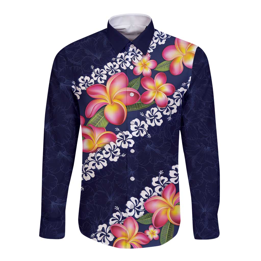 Blue Polynesia Long Sleeve Button Shirt Plumeria With Hibiscus Pattern Tropical Vibes