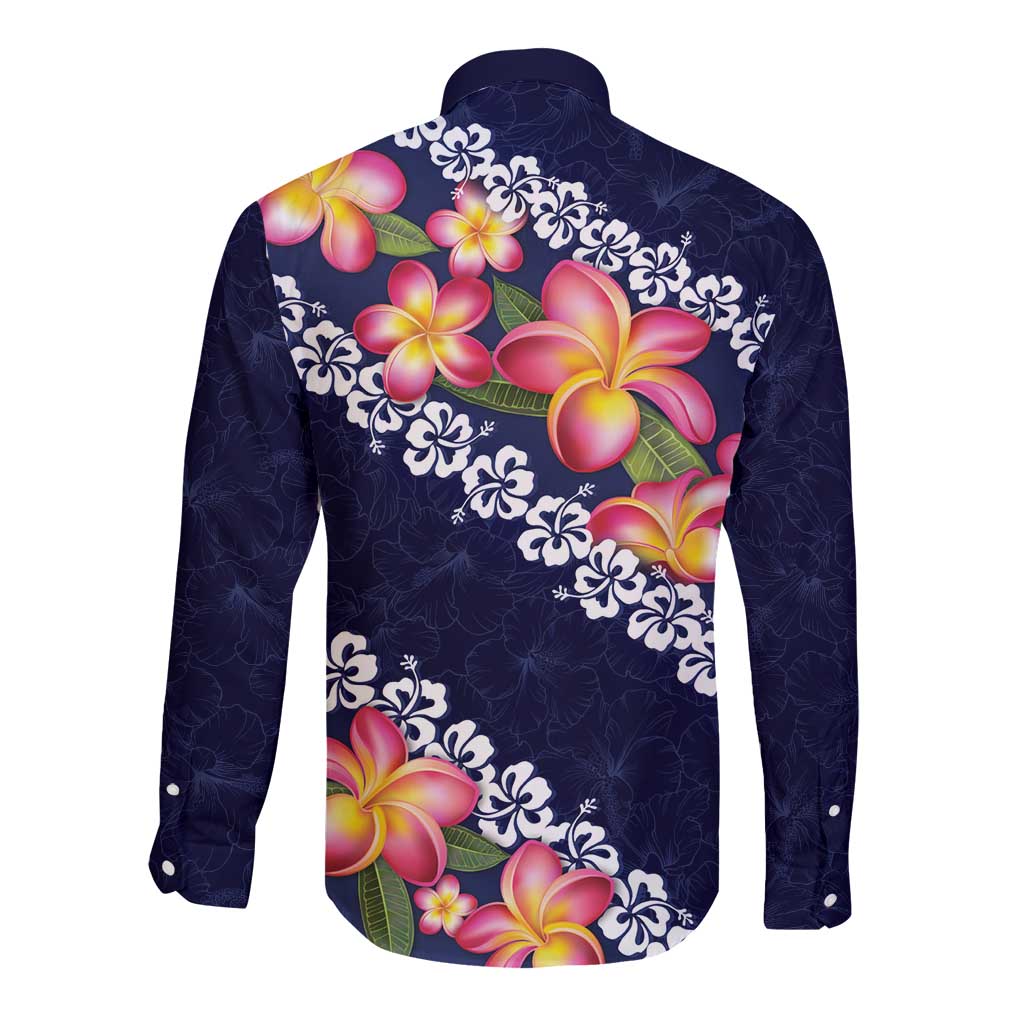 Blue Polynesia Long Sleeve Button Shirt Plumeria With Hibiscus Pattern Tropical Vibes LT14 - Polynesian Pride