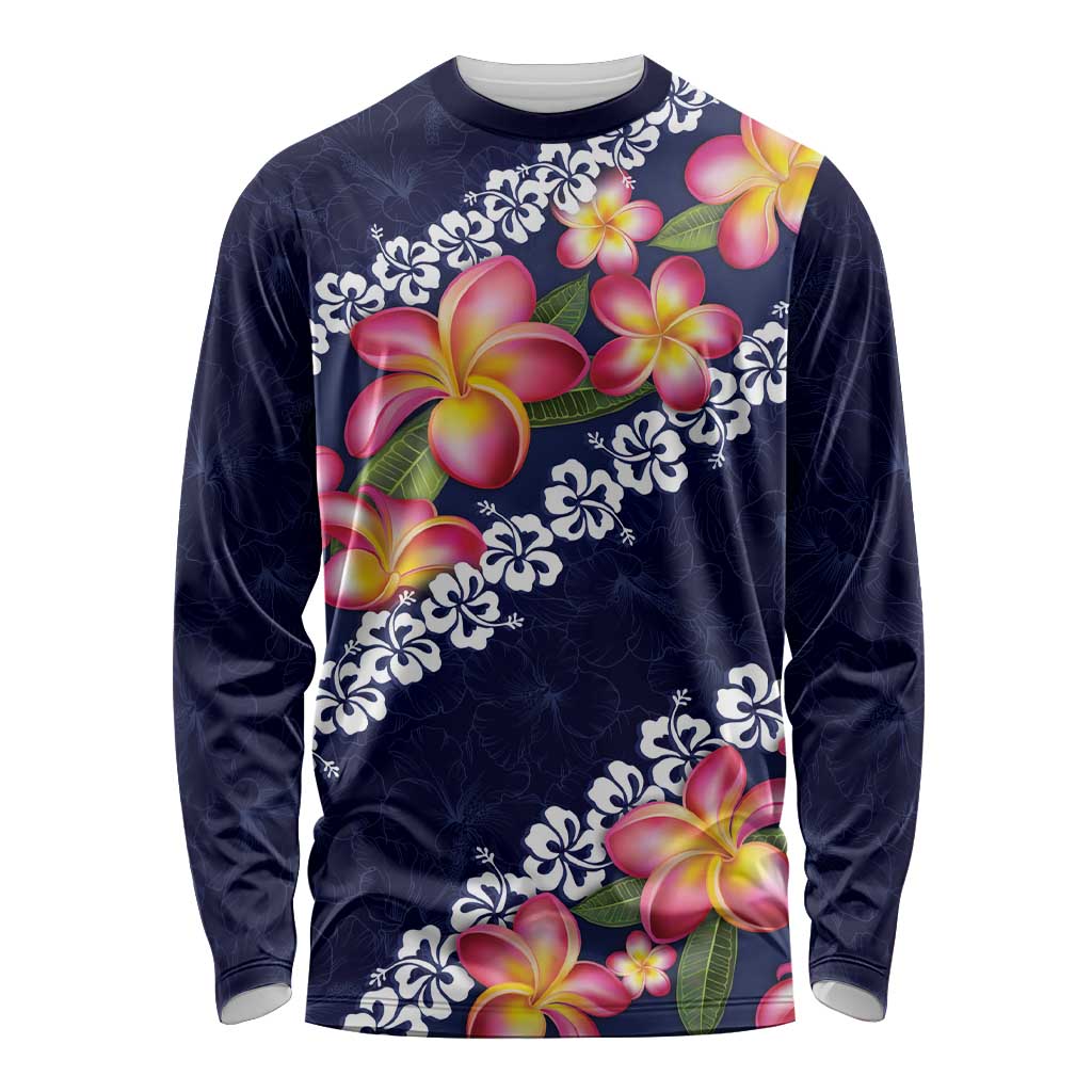 Blue Polynesia Long Sleeve Shirt Plumeria With Hibiscus Pattern Tropical Vibes