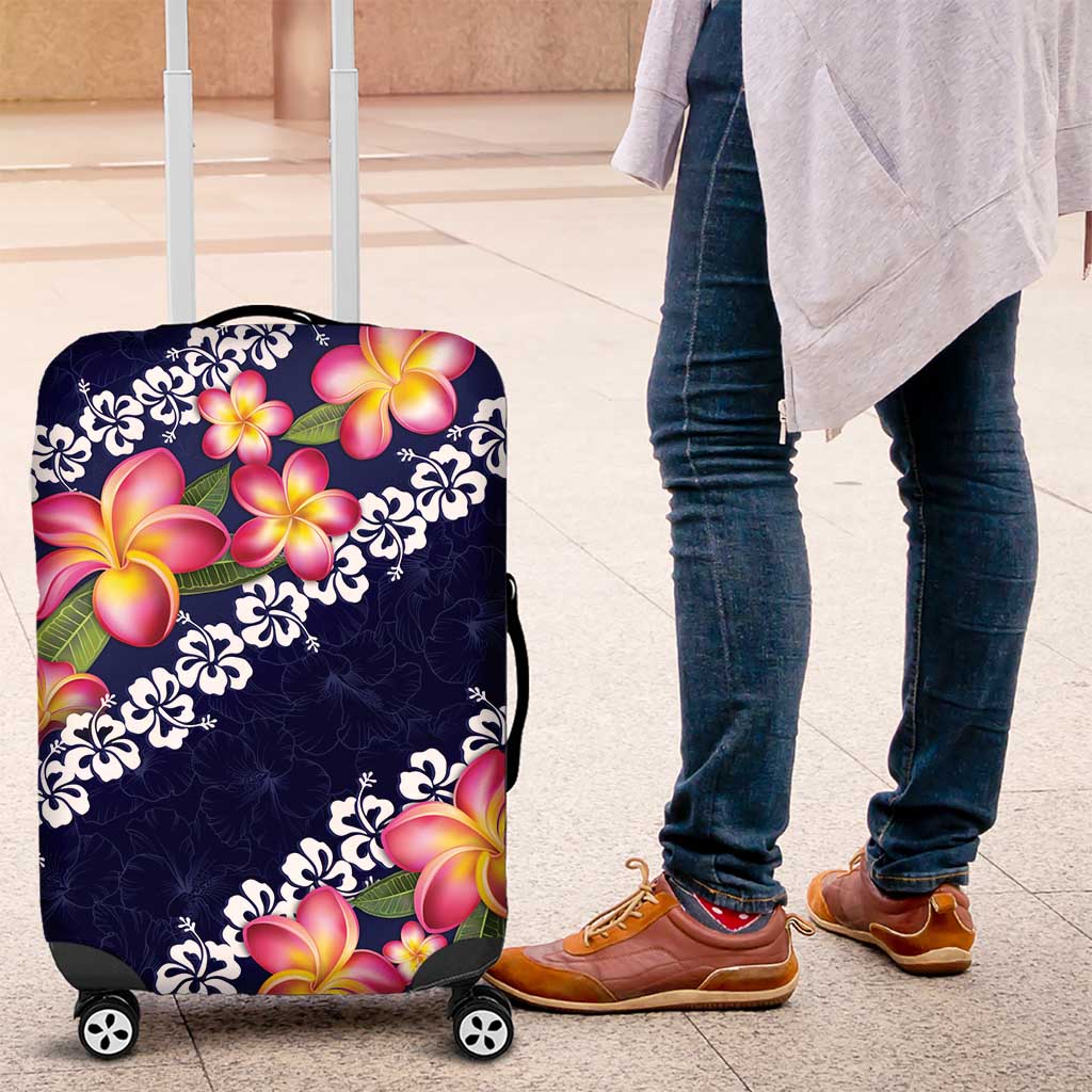 Blue Polynesia Luggage Cover Plumeria With Hibiscus Pattern Tropical Vibes