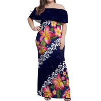 Blue Polynesia Off Shoulder Maxi Dress Plumeria With Hibiscus Pattern Tropical Vibes LT14 Women Blue - Polynesian Pride