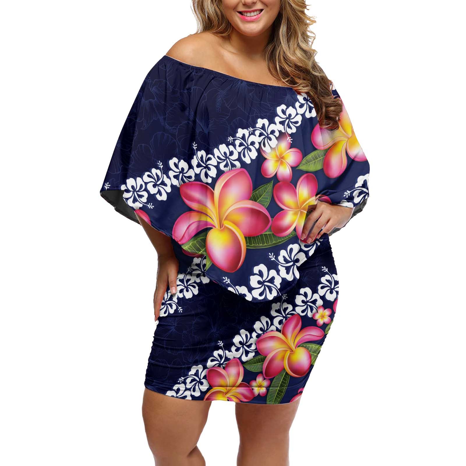 Blue Polynesia Off Shoulder Short Dress Plumeria With Hibiscus Pattern Tropical Vibes LT14 Women Blue - Polynesian Pride
