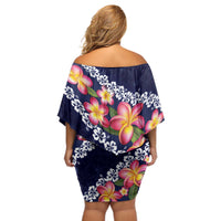 Blue Polynesia Off Shoulder Short Dress Plumeria With Hibiscus Pattern Tropical Vibes LT14 - Polynesian Pride