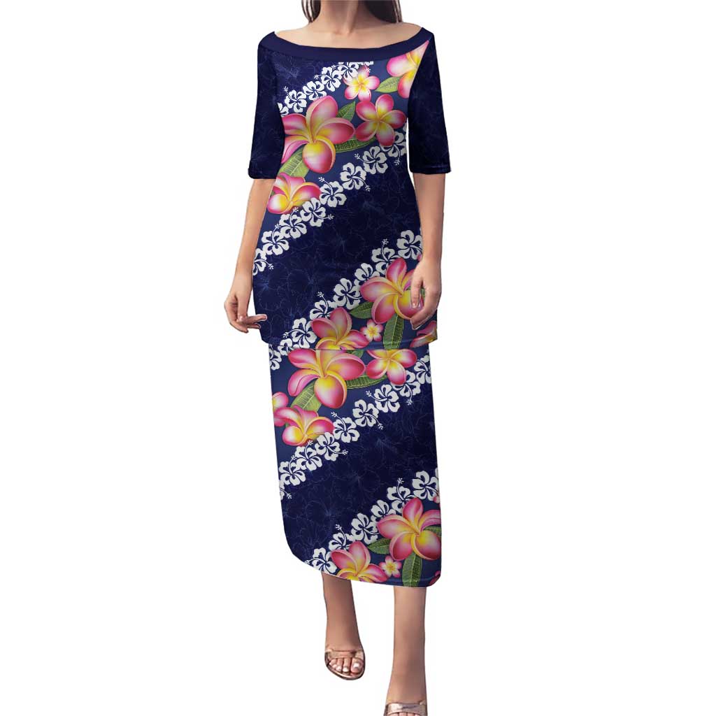 Blue Polynesia Puletasi Plumeria With Hibiscus Pattern Tropical Vibes LT14 Long Dress Blue - Polynesian Pride