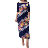 Blue Polynesia Puletasi Plumeria With Hibiscus Pattern Tropical Vibes LT14 Long Dress Blue - Polynesian Pride