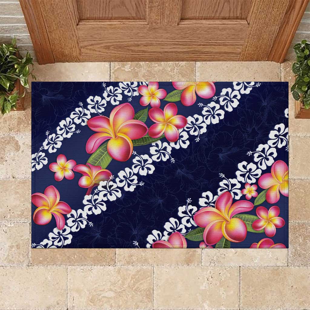 Blue Polynesia Rubber Doormat Plumeria With Hibiscus Pattern Tropical Vibes