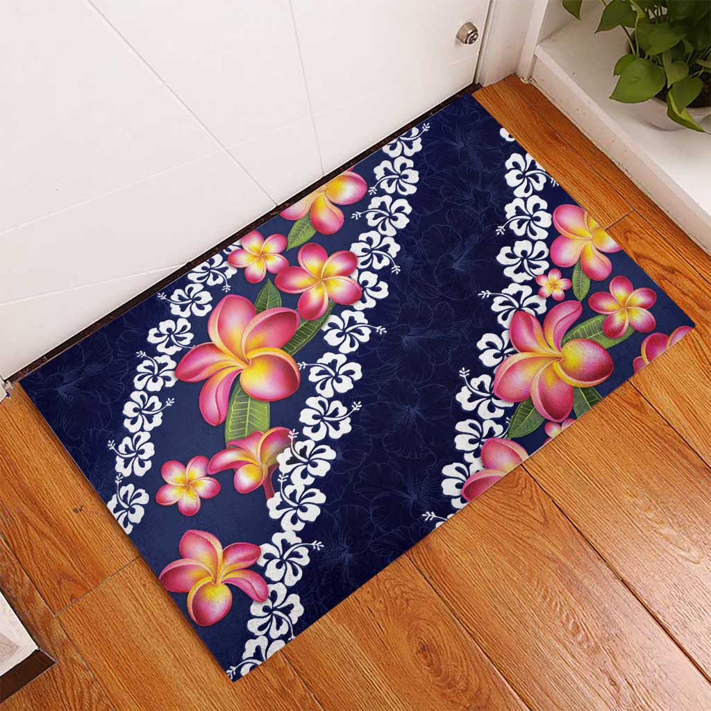 Blue Polynesia Rubber Doormat Plumeria With Hibiscus Pattern Tropical Vibes