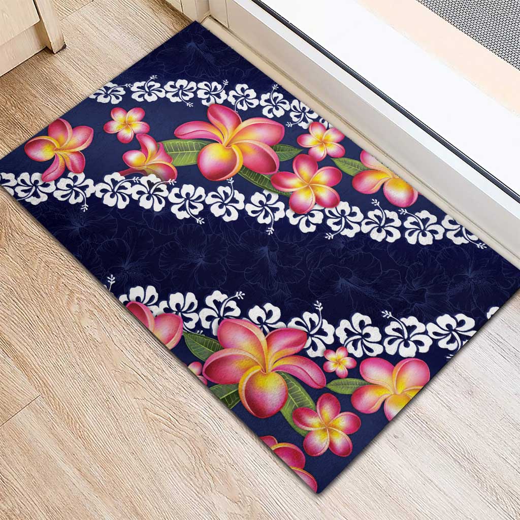 Blue Polynesia Rubber Doormat Plumeria With Hibiscus Pattern Tropical Vibes