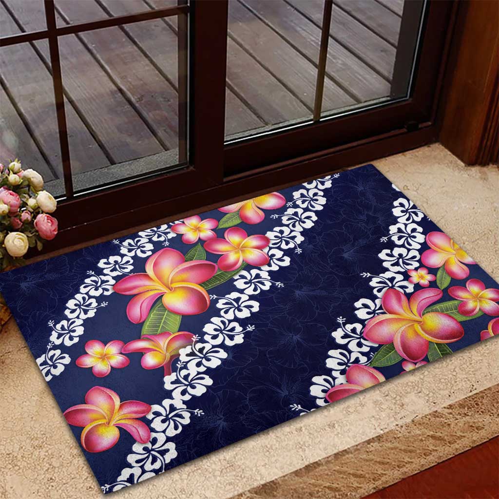 Blue Polynesia Rubber Doormat Plumeria With Hibiscus Pattern Tropical Vibes