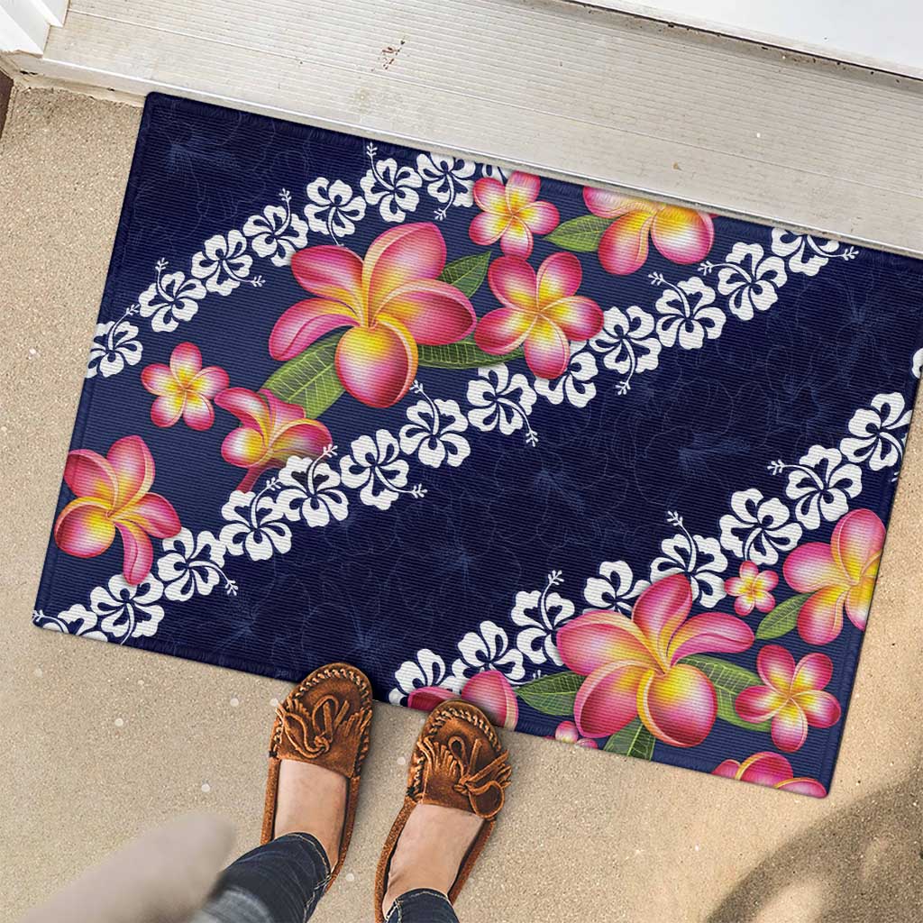 Blue Polynesia Rubber Doormat Plumeria With Hibiscus Pattern Tropical Vibes